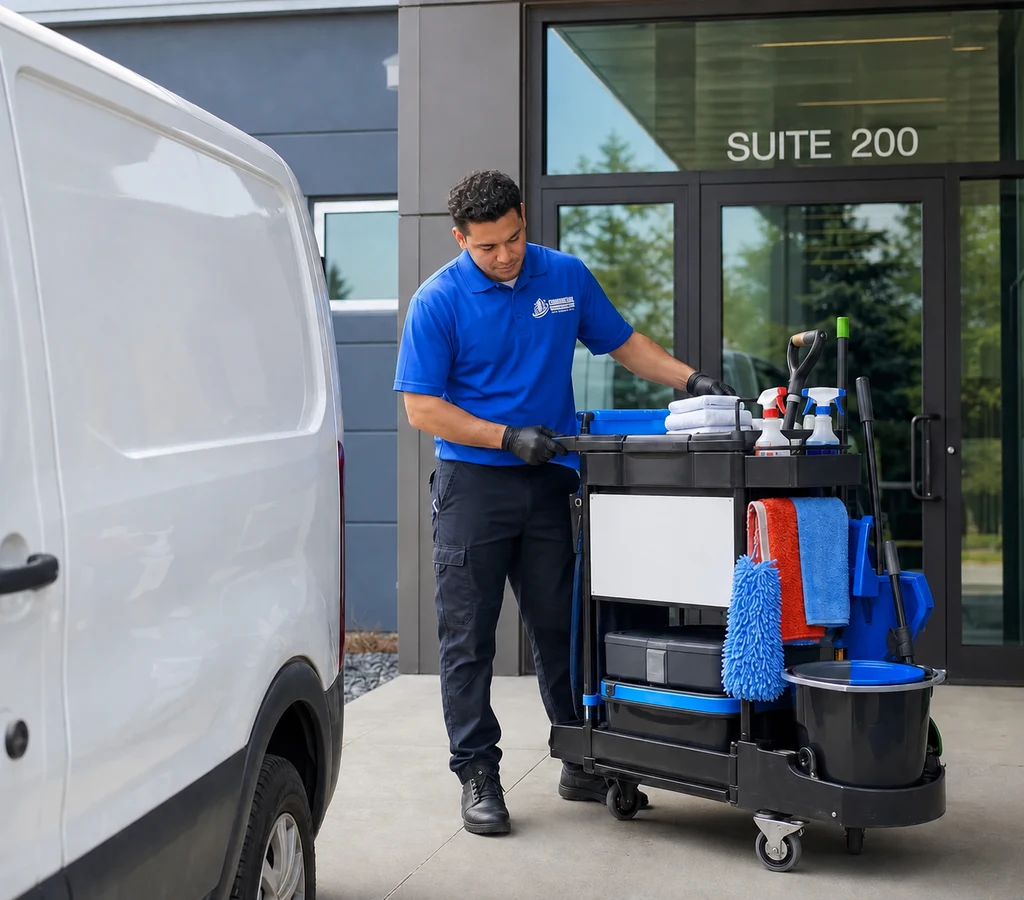 A commercial cleaner working in a finished business interior.