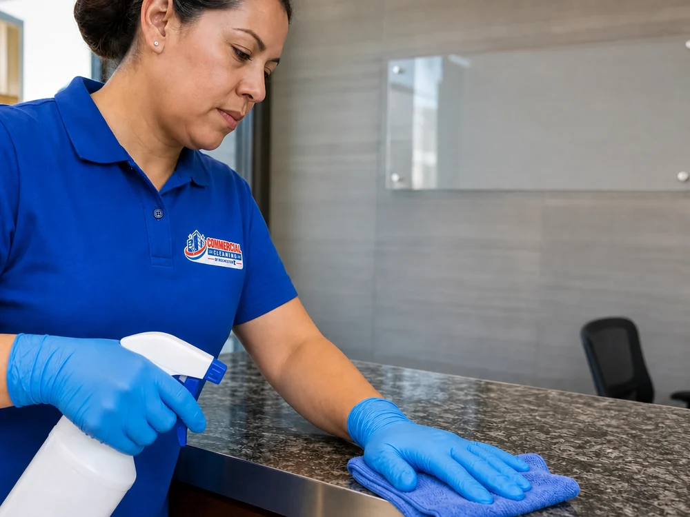 A professional cleaner working in a commercial facility.