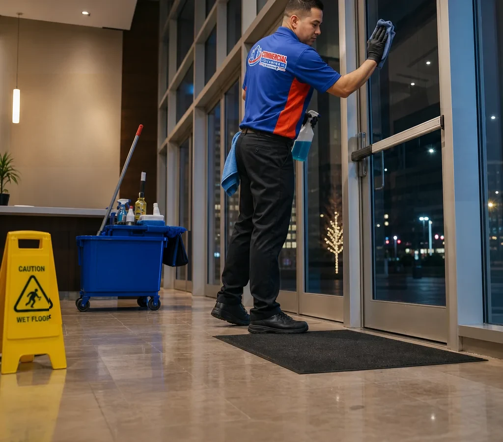 Uniformed commercial cleaner finishing a lobby floor and cleaning glass entry doors in a Rochester business after hours