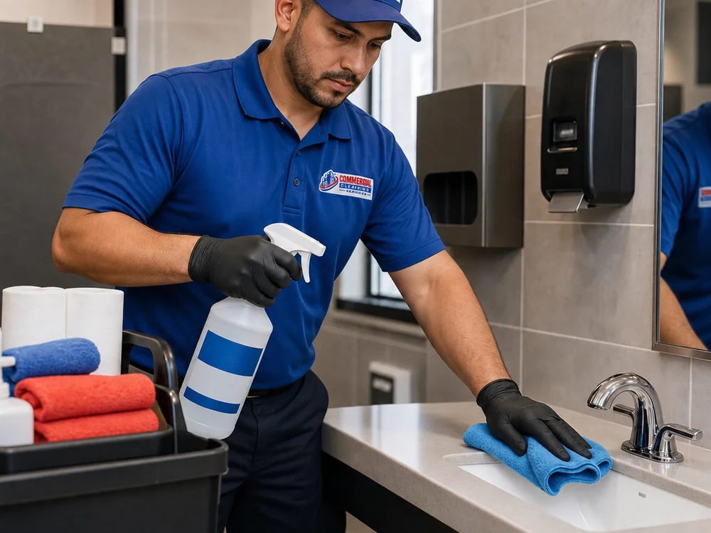 Cleaner restocking supplies and disinfecting high-touch fixtures in a commercial restroom