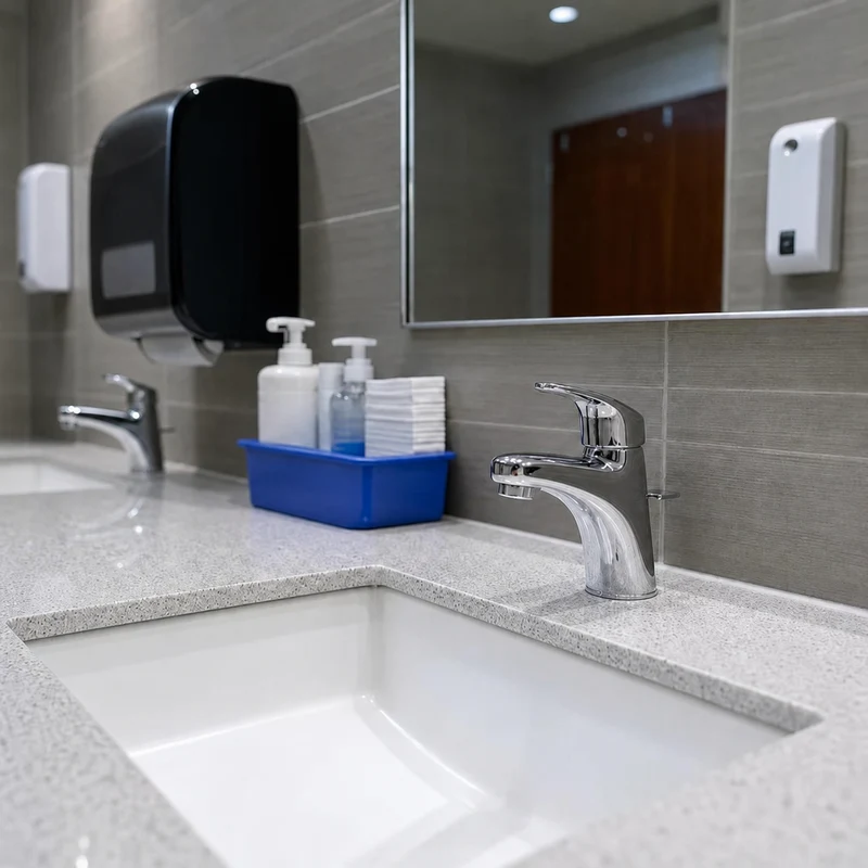 A professional cleaner completing detailed work in a commercial interior.