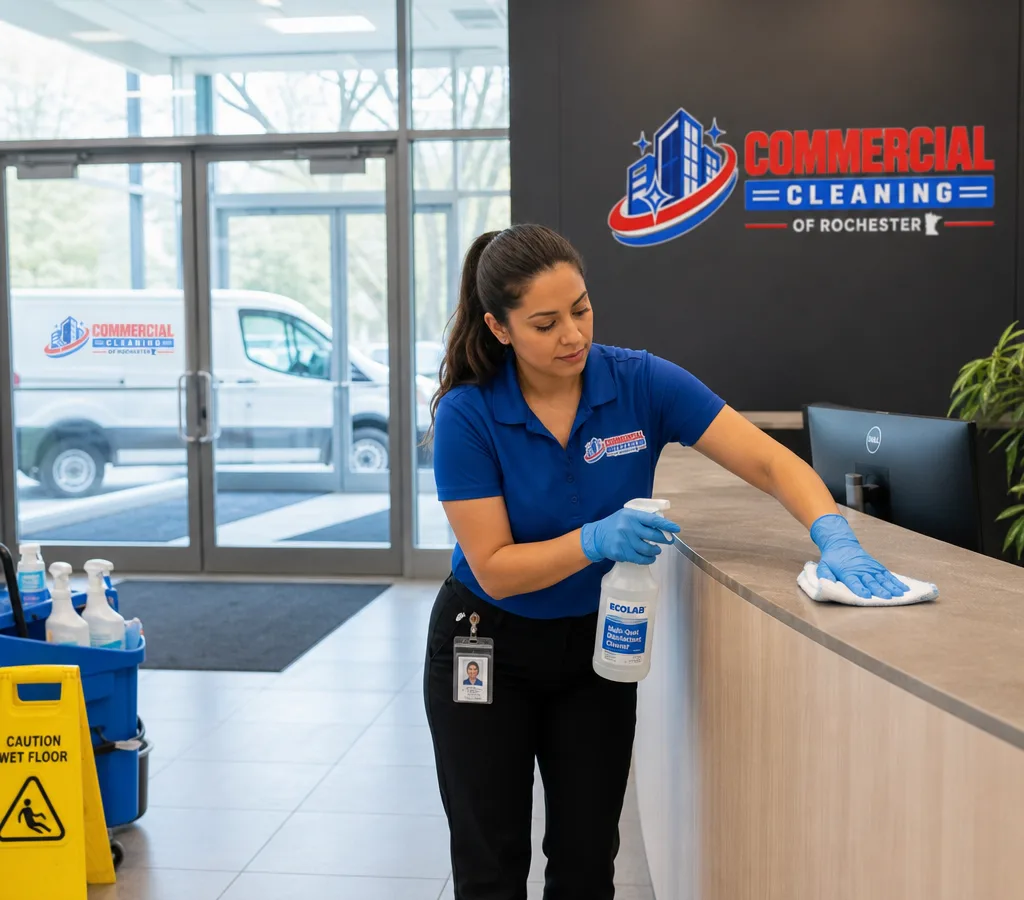 Professional cleaner disinfecting high-touch areas in a modern Rochester office lobby with labeled supplies and protective equipment