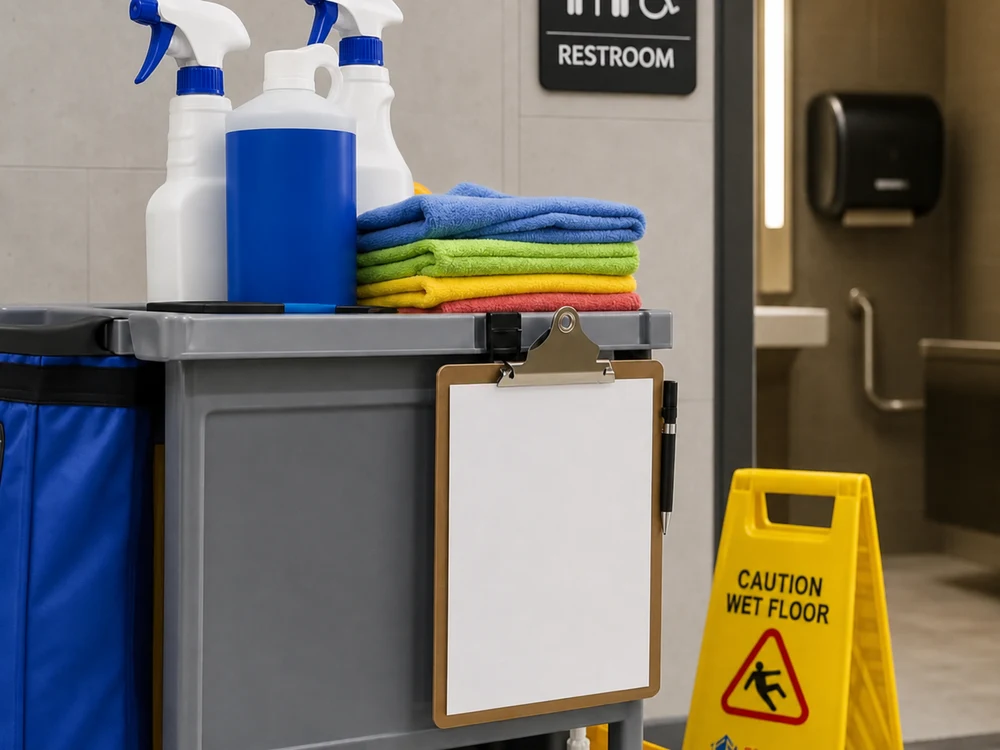 Commercial janitorial cart outside a restroom with color-coded cloths, labeled disinfectant, wet floor sign, and checklist clipboard