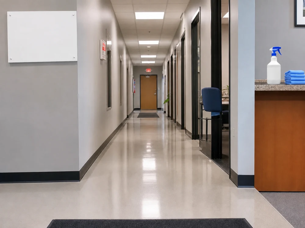Freshly vacuumed office corridor with clean baseboards and a clear entry mat area