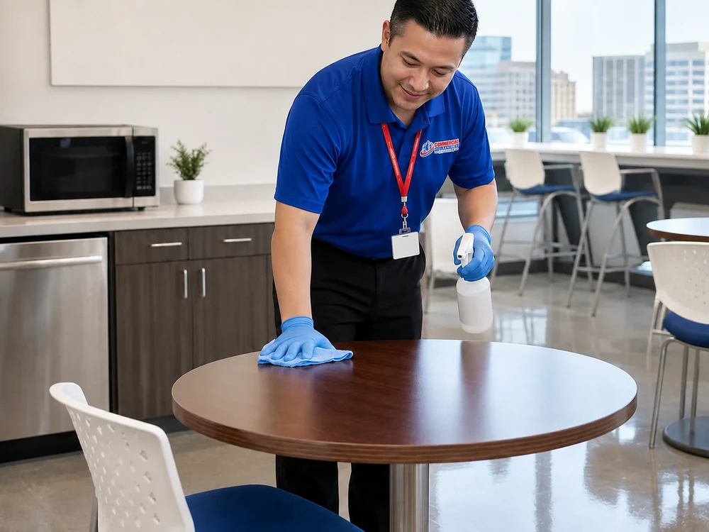 Clean office breakroom with wiped tables, empty trash, clean appliance exteriors, and streak-free hard flooring