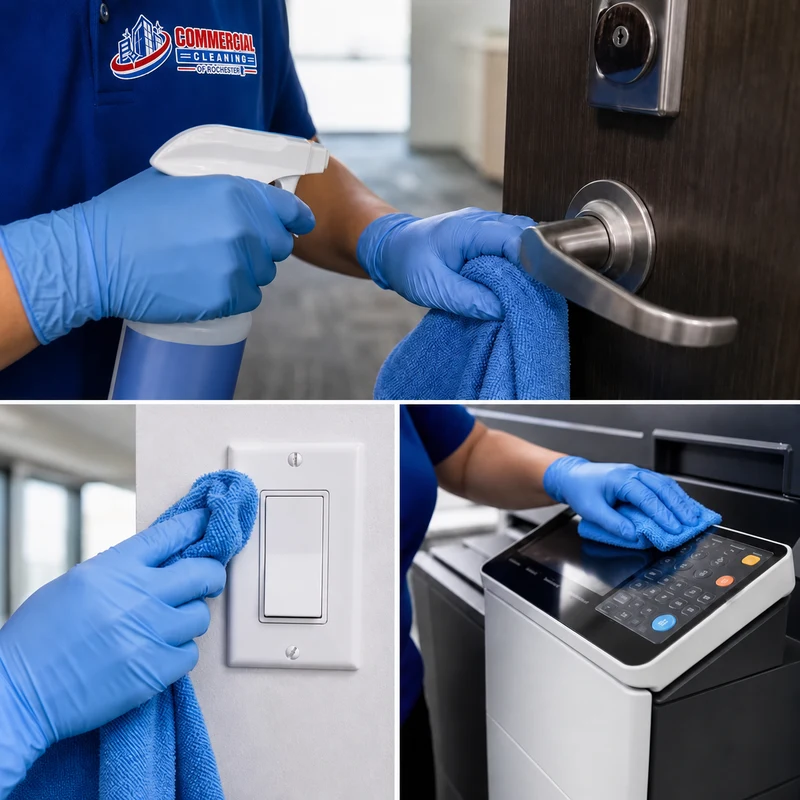 Cleaner using a microfiber cloth and disinfectant on an office door handle, light switch, and shared printer controls
