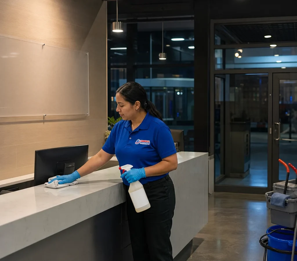 A commercial cleaner working in an office after hours.