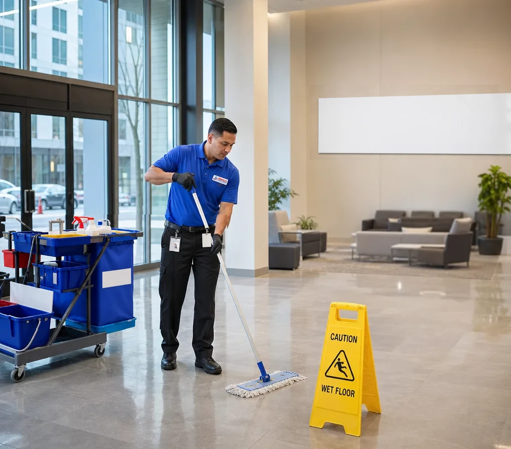 A janitorial technician cleaning a commercial lobby.