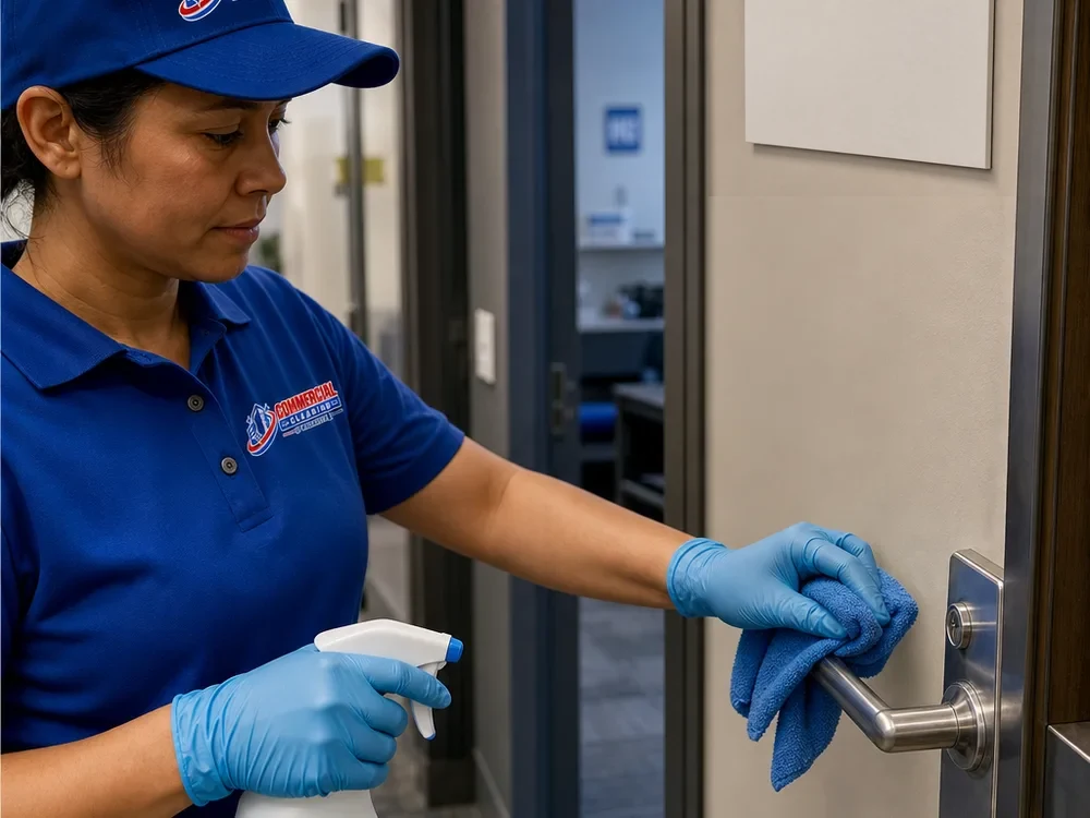 Gloved hands disinfecting door handles and light switches in a commercial corridor