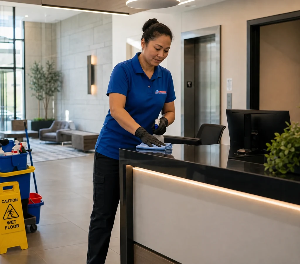 Professional cleaner restocking supplies and wiping a reception counter in a modern commercial lobby in Rochester, Minnesota
