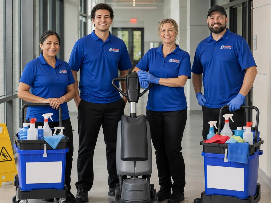 Commercial Cleaning of Rochester team with cleaning caddies and a floor machine in a commercial hallway